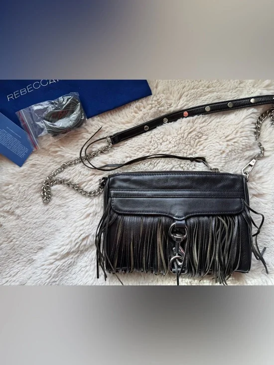 Rebecca Minkoff EUC Black Fringe Crossbody Bag leather with Chain Strap - Picture 1 of 6